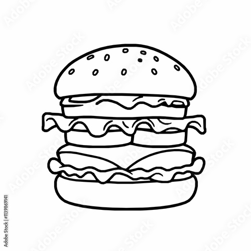 Classic Cheeseburger with Pickles – Black Outline Vector Illustration