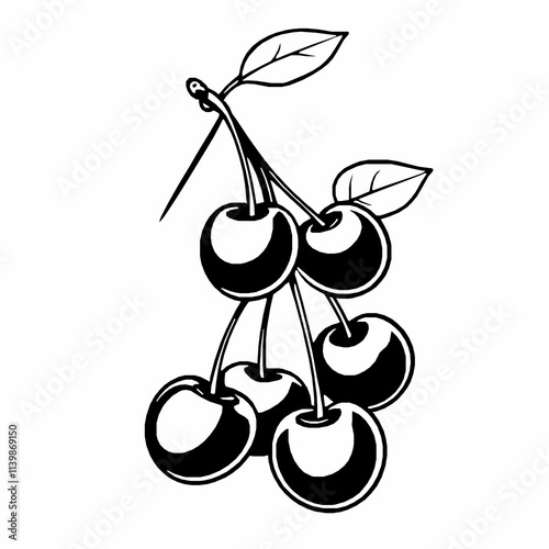 Cluster of Cherries with Stems and Leaf – Black Outline Vector Illustration