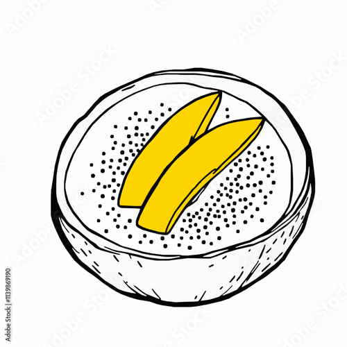 Coconut Chia Pudding with Mango Slices – Black Outline Vector Illustration