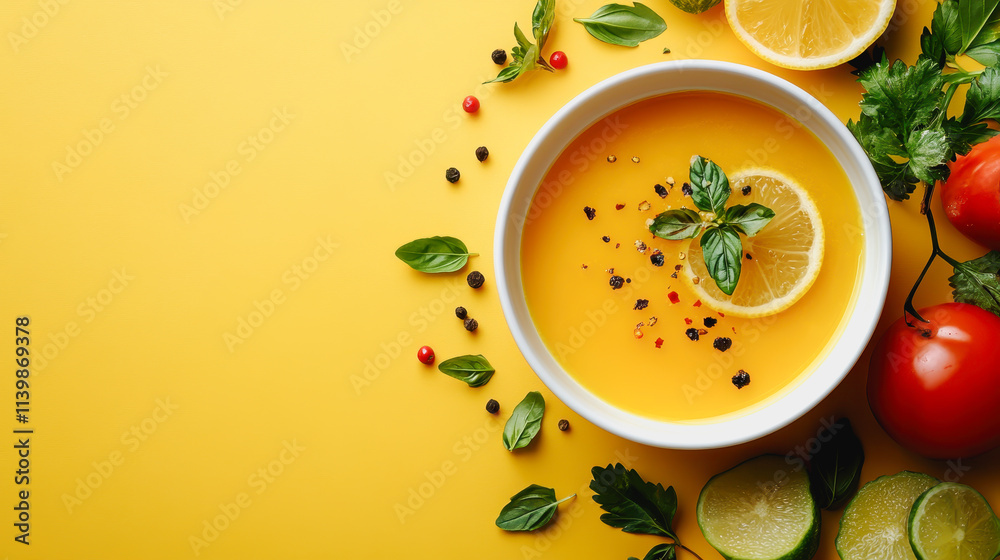 Liquid moon broth with lemon tomatoes and basil in a stylish bowl on a wooden table photography food menu Liquid moon broth with lemon tomatoes and basil in a stylish bowl on a wooden table photography food menu