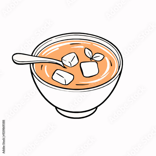 Creamy Tomato Soup with Croutons – Black Outline Vector Illustration