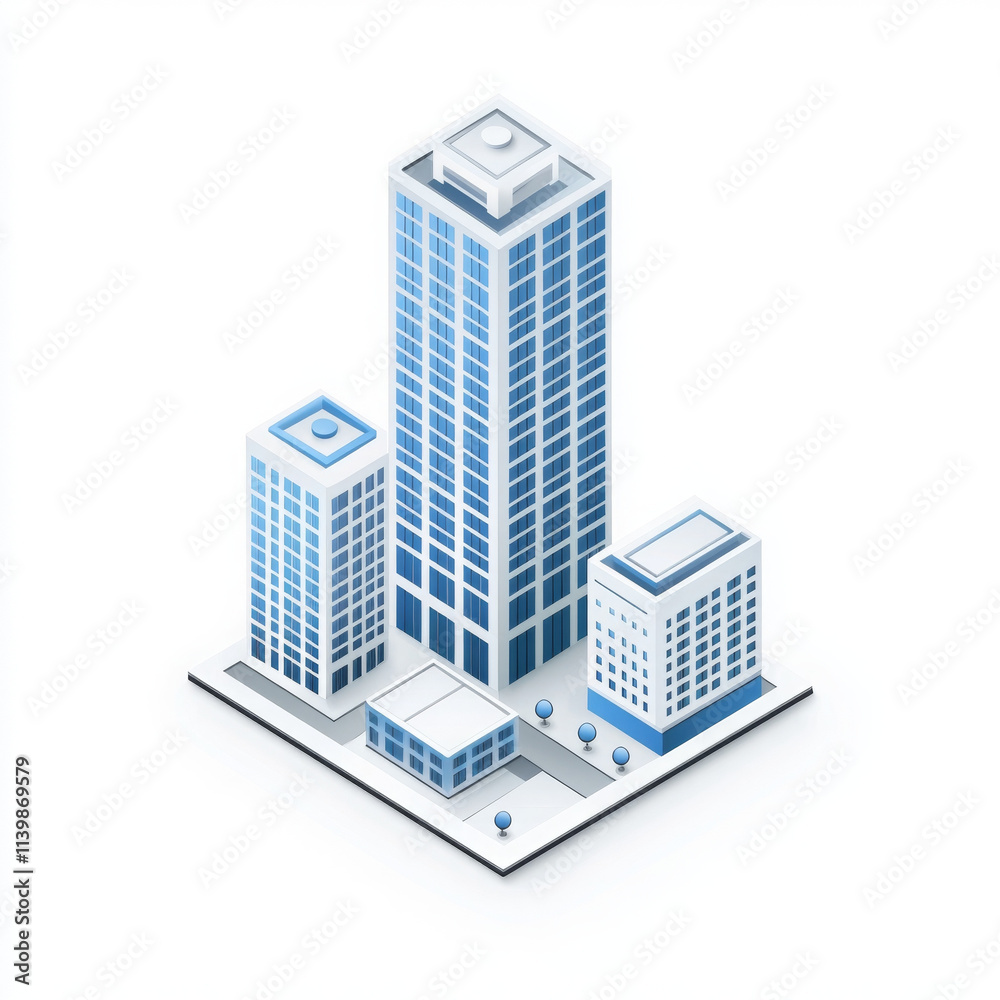 Modern skyscrapers in minimal isometric design with blue tones Modern skyscrapers in minimal isometric design with blue tones