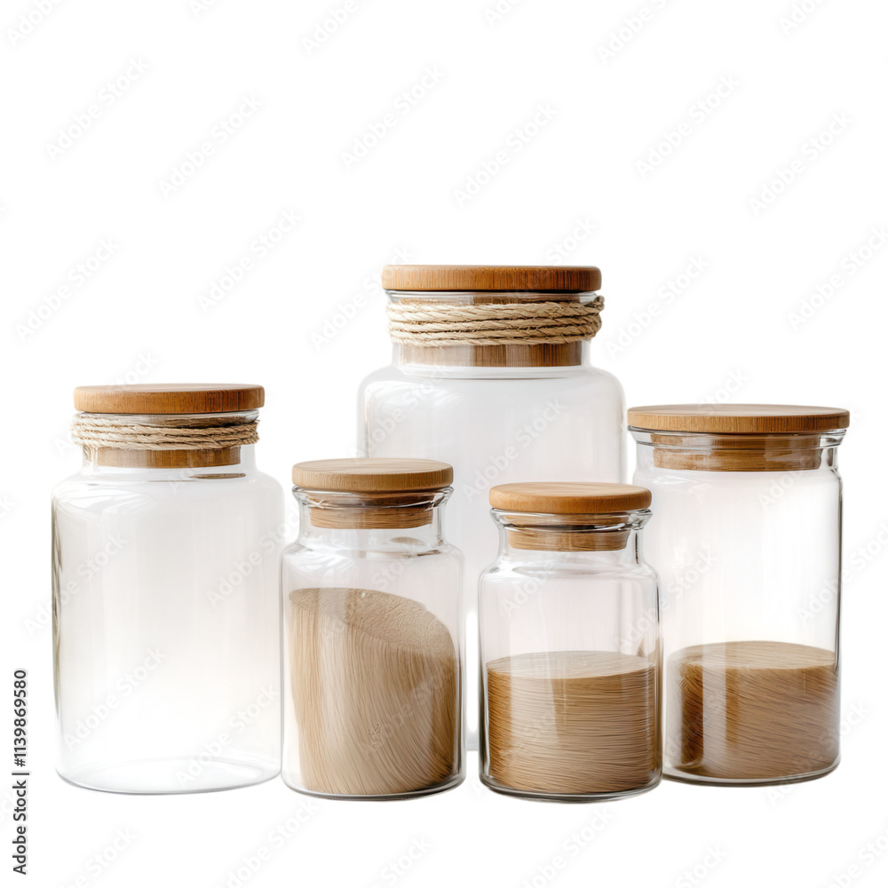 Modern glass storage jars with wooden lids minimalist home decor neutral background aesthetic arrangement