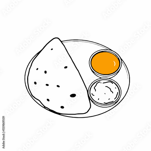 Crispy Dosa with Sambar and Coconut Chutney – Black Outline Vector Illustration