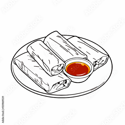 Crispy Duck Spring Rolls with Hoisin Sauce – Black Outline Vector Illustration