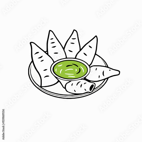 Crispy Fried Pakodas with Green Chutney – Black Outline Vector Illustration