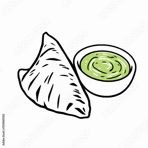 Crispy Samosa with Green Chutney – Black Outline Vector Illustration