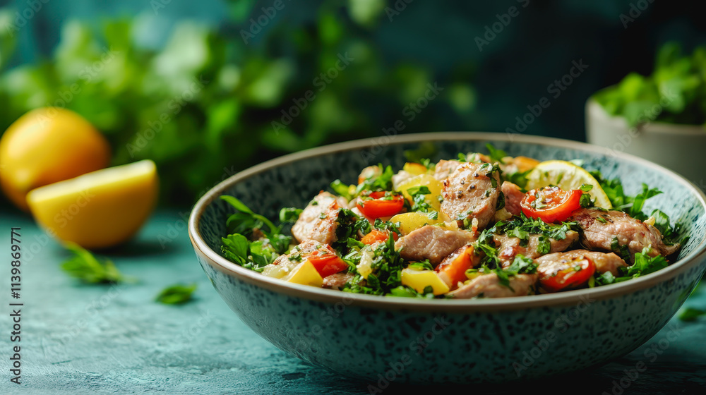 Lemon Herb Lamb Delicious Food Menu Featuring Succulent Meat and Fresh Vegetables in a Bowl Presentation Lemon Herb Lamb Delicious Food Menu Featuring Succulent Meat and Fresh Vegetables in a Bowl Presentation