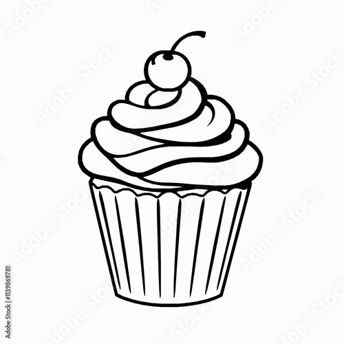 Cupcake with Swirled Frosting and Cherry – Black Outline Vector Illustration
