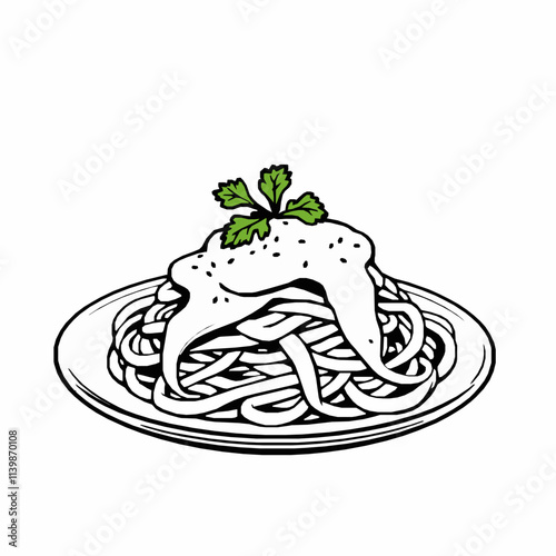 Fettuccine Alfredo with Creamy Sauce – Black Outline Vector Illustration