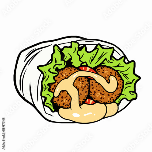 Falafel Wrap with Tahini Sauce – Black Outline Vector Illustration