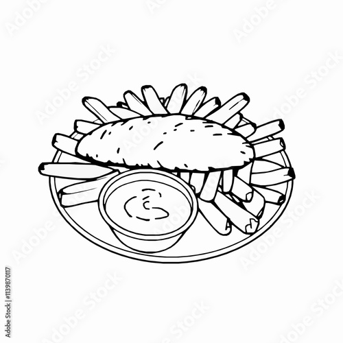 Fish and Chips with Tartar Sauce – Black Outline Vector Illustration