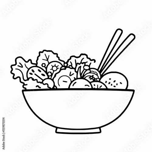Fresh Vegetable Salad Bowl – Black Outline Vector Illustration