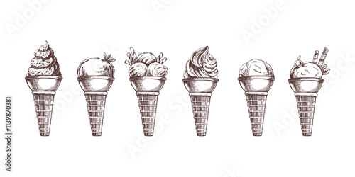 Hand-drawn vintage ice cream cones sketch with scoops and swirls