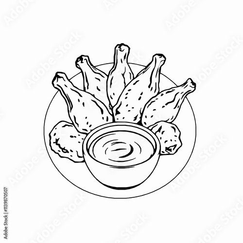 Fried Chicken Wings with Dipping Sauce – Black Outline Vector Illustration
