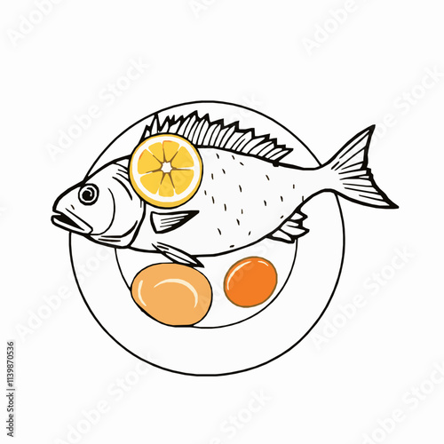 Fried Fish with Lemon Wedges – Black Outline Vector Illustration