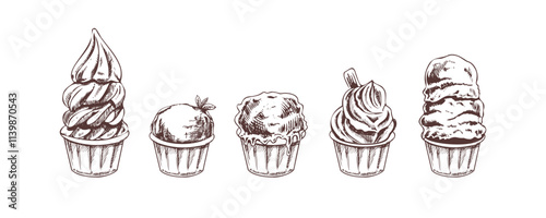 Vintage hand-drawn ice cream cups sketch collection in retro style