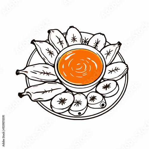 Fried Plantains with Dipping Sauce – Black Outline Vector Illustration