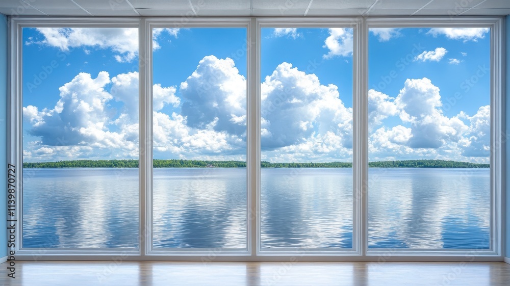 Fototapeta premium Natural scenic view from large office windows modern workspace tranquil lake and cloud reflections bright atmosphere