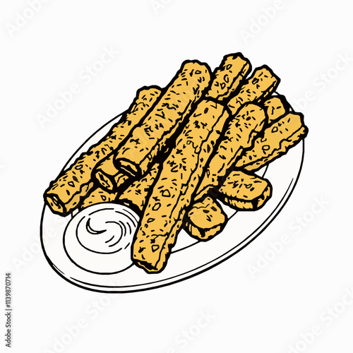 Fried Zucchini Sticks with Aioli – Black Outline Vector Illustration