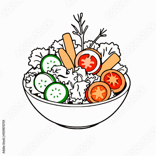 Garden Salad with Cucumbers and Carrots – Black Outline Vector Illustration