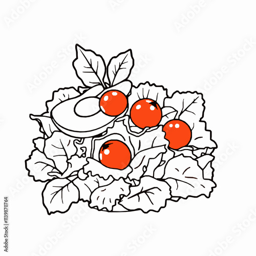 Garden Salad with Avocado and Tomatoes – Black Outline Vector Illustration