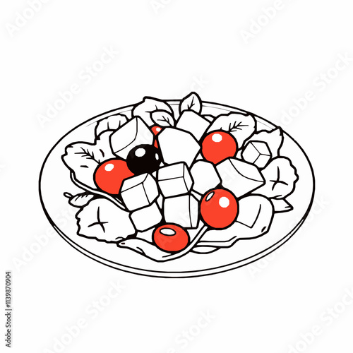 Greek Salad with Feta and Olives – Black Outline Vector Illustration