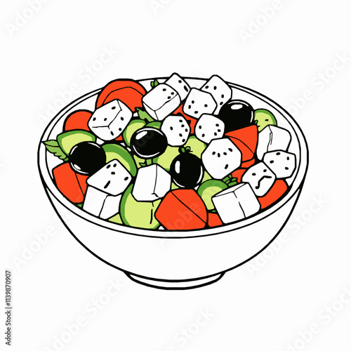 Greek Salad with Feta Cheese and Olives – Black Outline Vector Illustration