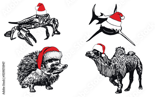 Graphical set of animals in red Santa Claus hats on white bakground, shark , crab, camel and hedgehog