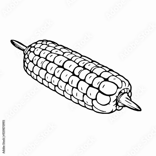 Grilled Corn Cob with Char Marks – Black Outline Vector Illustration