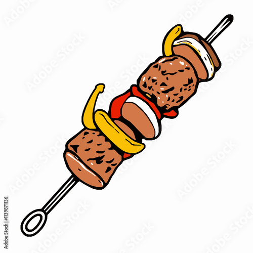 Grilled Lamb Kebab with Bell Peppers – Black Outline Vector Illustration