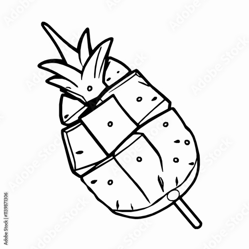 Grilled Pineapple Skewer – Black Outline Vector Illustration