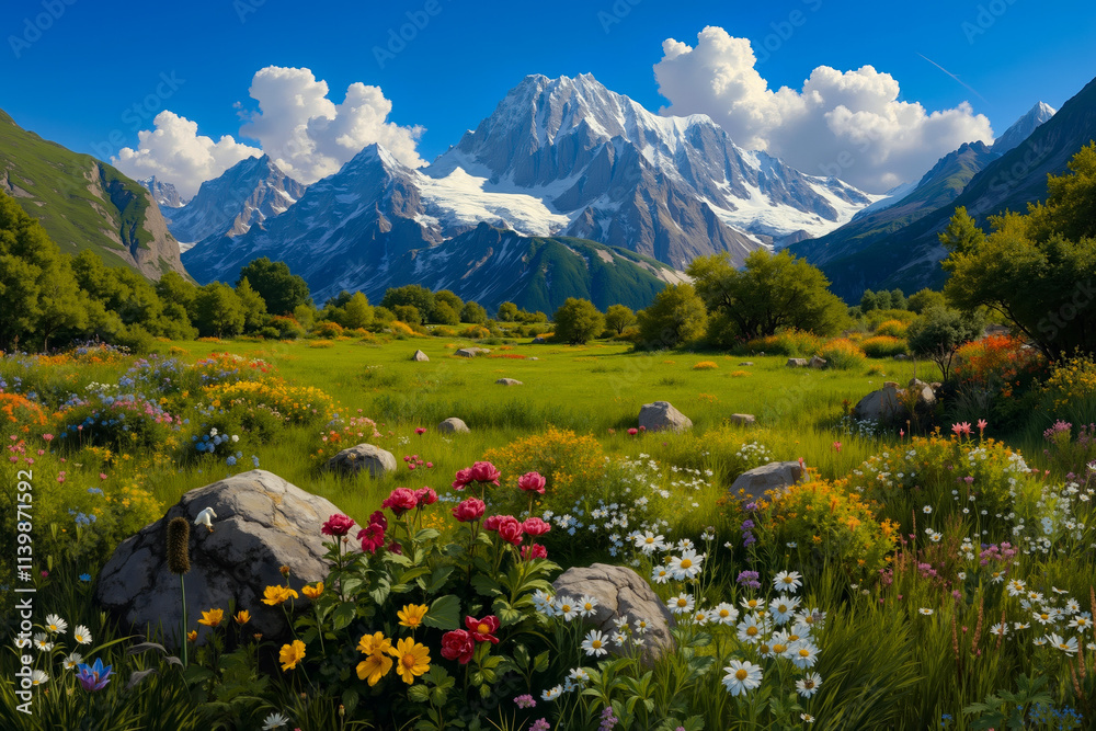 Fototapeta premium A field of flowers in front of a mountain range