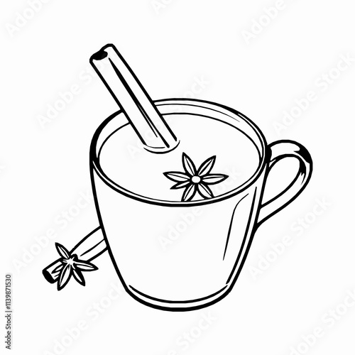 Hot Apple Cider with Cinnamon Stick – Black Outline Vector Illustration