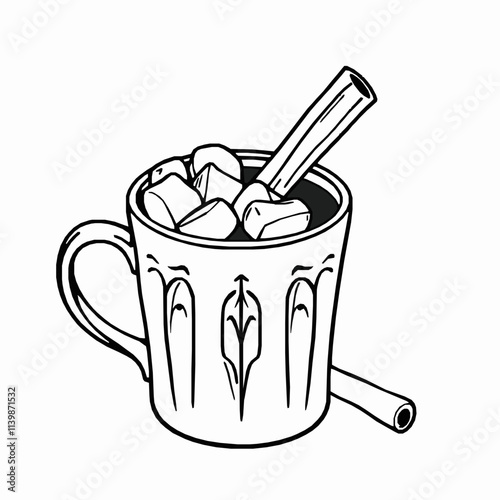 Hot Chocolate with Marshmallows and Cinnamon Stick – Black Outline Vector Illustration photo