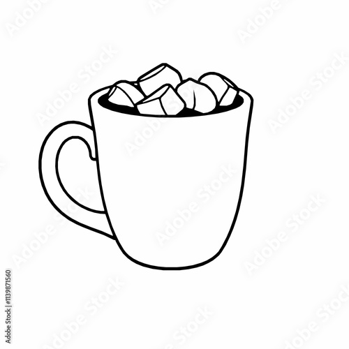 Hot Cocoa Cup with Marshmallows – Black Outline Vector Illustration