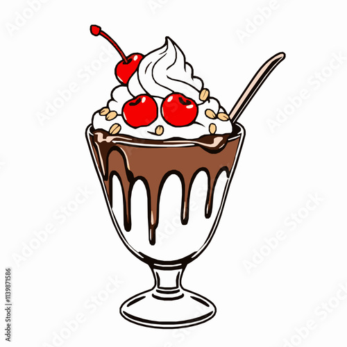 Hot Fudge Sundae with Cherries and Nuts – Black Outline Vector Illustration