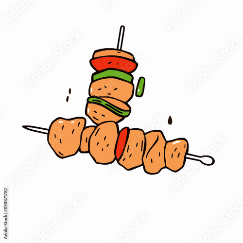 Kebab Skewer with Grilled Meat and Vegetables – Black Outline Vector Illustration