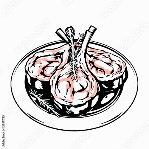 Lamb Chops with Rosemary Garnish – Black Outline Vector Illustration