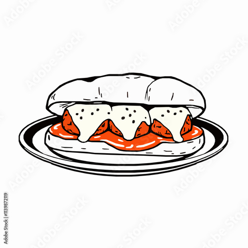 Meatball Marinara Sub with Cheese – Black Outline Vector Illustration