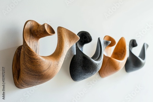 Abstract wooden and stone wall hooks. photo