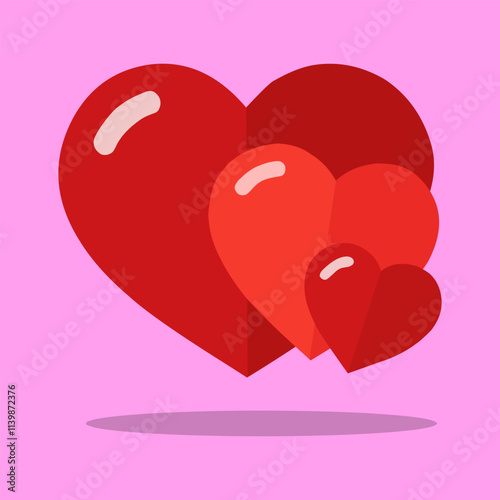 A set of three red hearts of varying sizes, overlapping each other on a pink background. A simple and sweet illustration of love and affection.