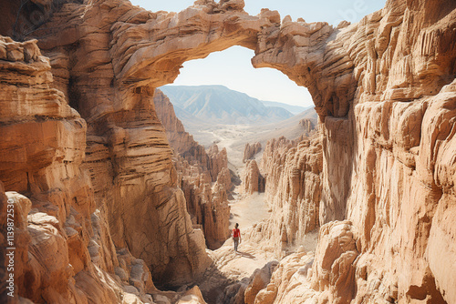 man woman A picturesque landscape showcasing contrasting textures of sleek and rugged rock formations, symbolizing interplay between passage of time, erosion, and geological phenomena photo