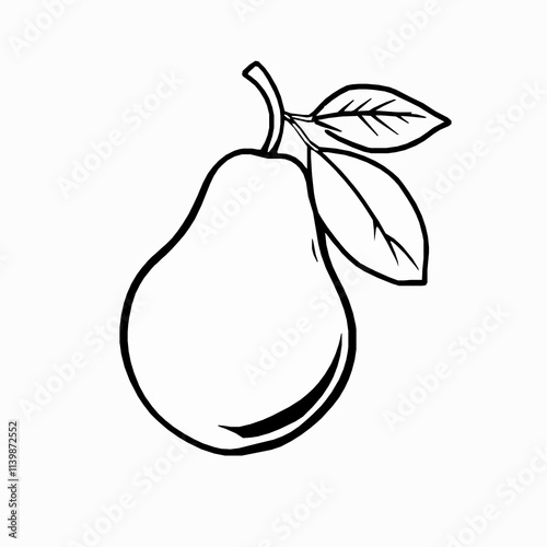 Pear with Leaf – Black Outline Vector Illustration