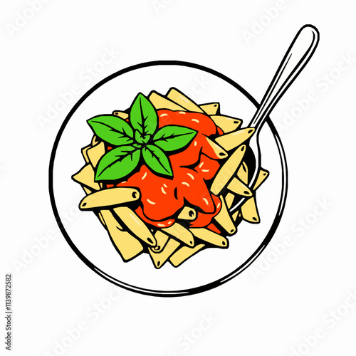 Penne Pasta with Tomato Sauce and Basil – Black Outline Vector Illustration