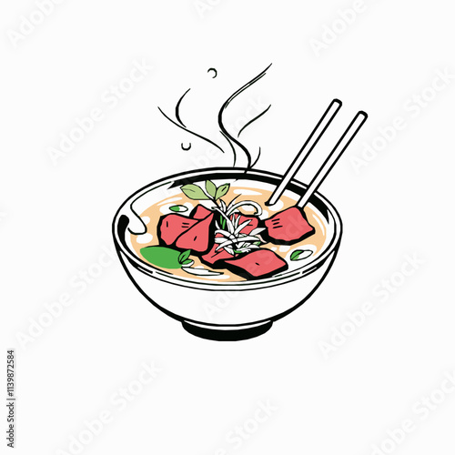 Pho Noodle Soup with Beef and Herbs – Black Outline Vector Illustration