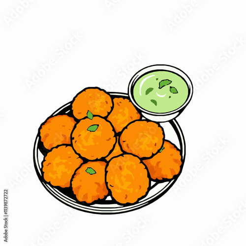 Plate of Crispy Pakoras with Mint Chutney – Black Outline Vector Illustration
