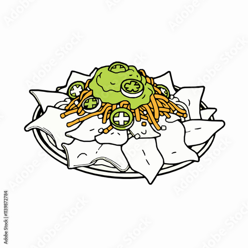 Plate of Nachos with Cheese and Guacamole – Black Outline Vector Illustration photo