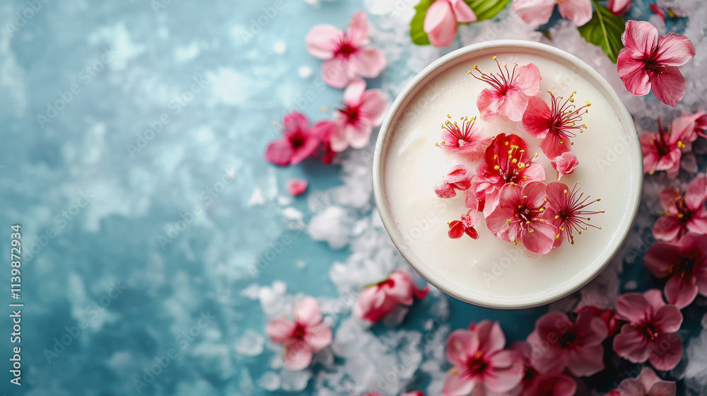 Elegant White Bowl with Delicate Pink Flower Set on Soft Fabric Background Creating a Calm and Stylish Dining Aesthetic