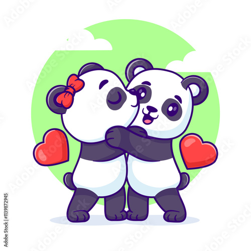 Cute couple panda hugging and one has a heart cartoon vector icon illustration